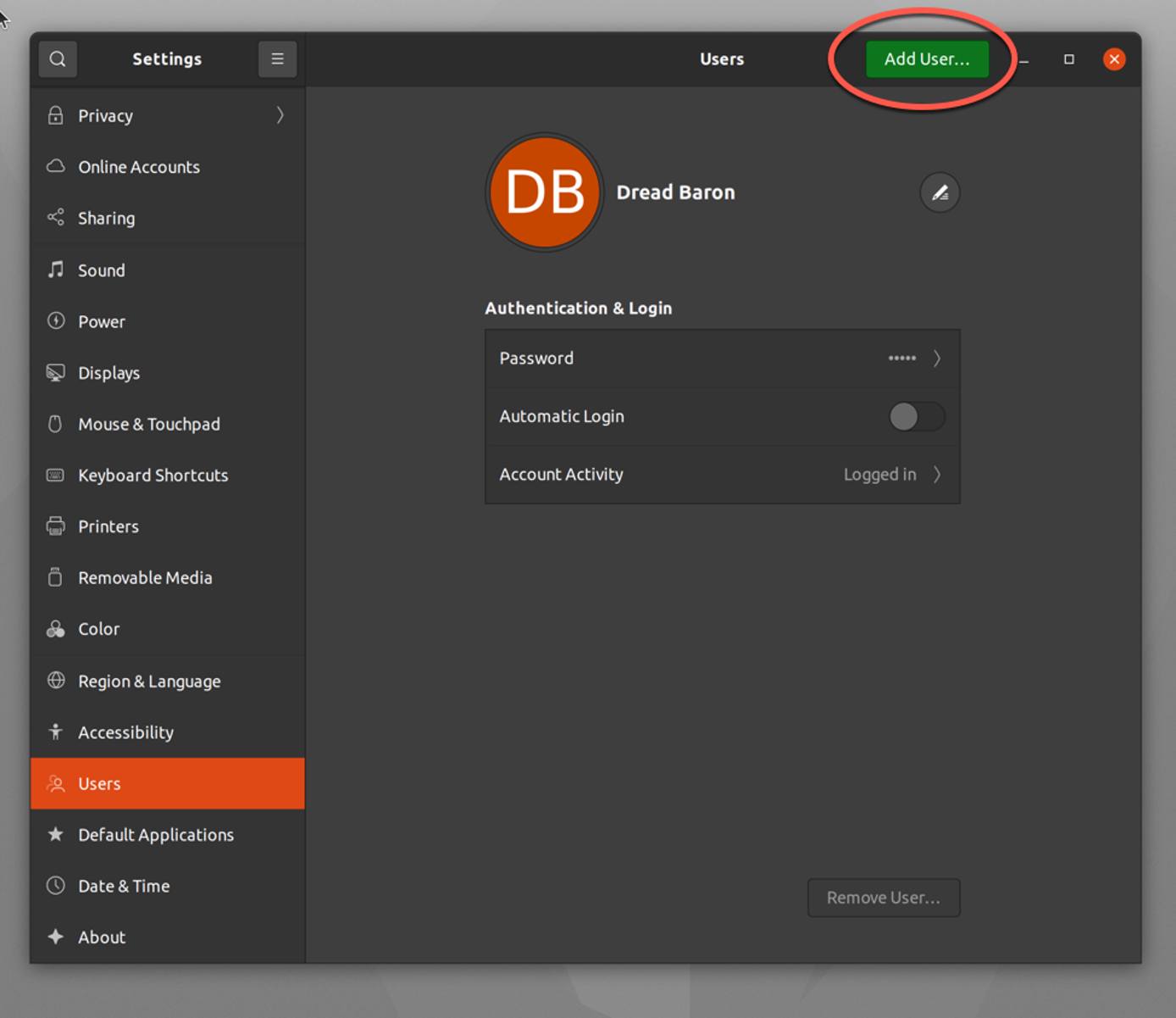 Clicking the add user button in Ubuntu Clicking the add user button in Ubuntu