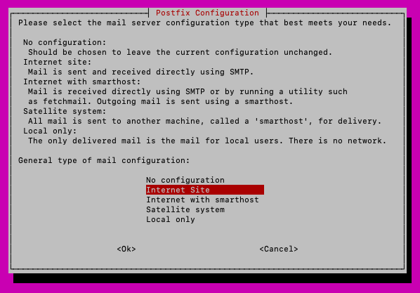 Postfix configuration type Postfix configuration type